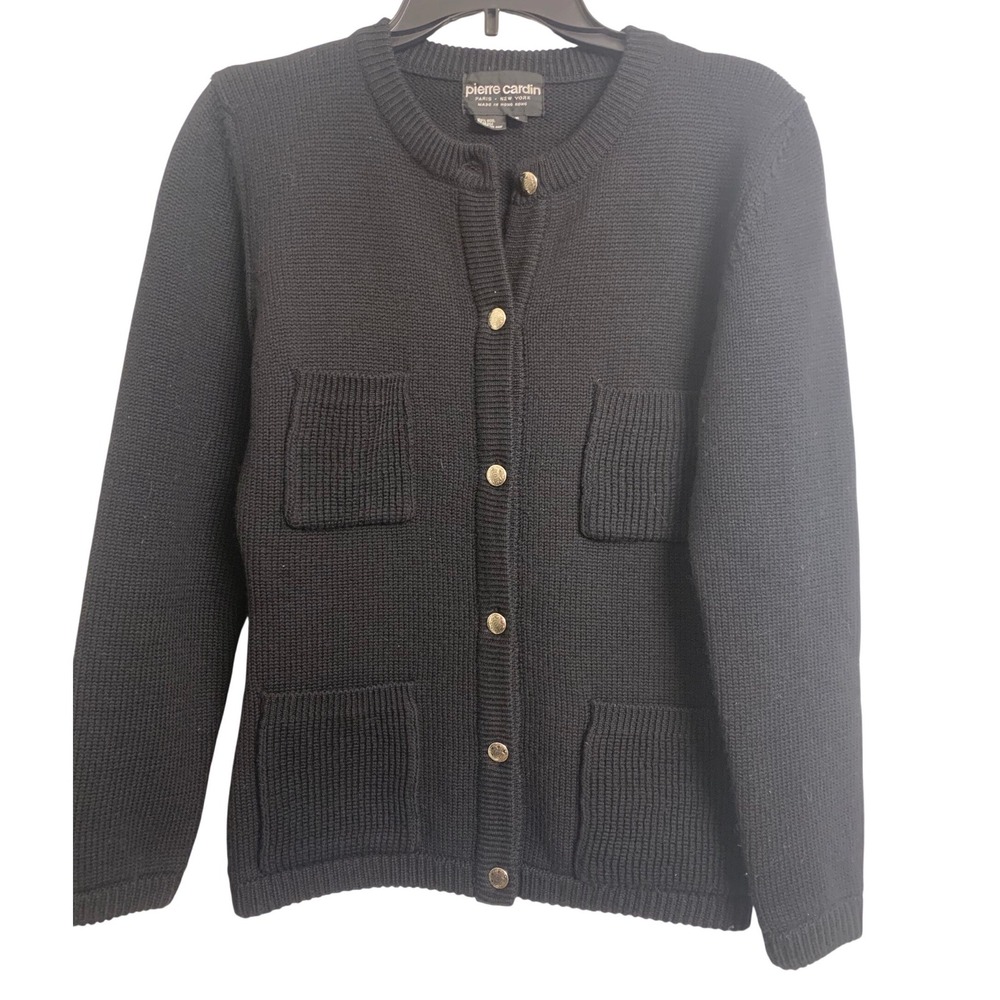 Pierre Cardin Vintage Black 100% Wool Button Front Cardigan Sweater Womens Small